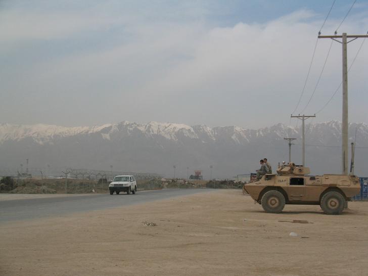 Some soldiers waiting by the road at Bagram Air Field, our first stop in Afghanistan.
