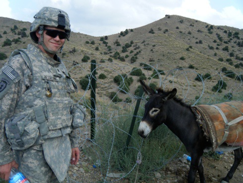 At Tillman: On the climb up to OP 1 we met one of the donkeys they use to ferry supplies to the top. He wasn't too friendly...
