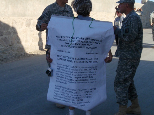 A Mississippi National Guard Soldier dressed up as Extension Orders... Scary!!!